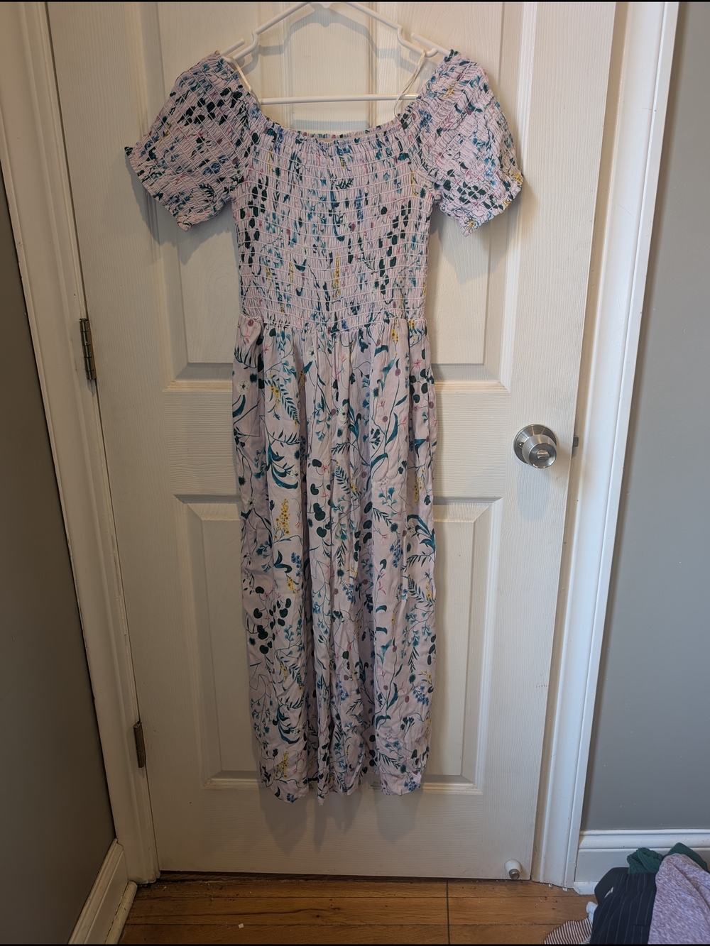 For The Republic Lavender Floral Smocked Jumpsuit with Teal & Yellow Accents